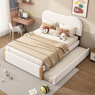 MEUNIQ gestoffeerd bed 140x200 cm met uitschuifbaar rolbed, links of rechts te plaatsen, lattenbodem, wit, voor slaapkamer