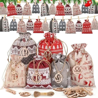 Adventskalender, 24-delig voor Kinderen en Volwassenen, Kerstkalender om zelf te vullen - Met Houten Klemmen en Henneptouw, Advents-kalender 2025.