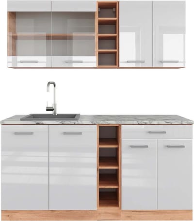 Vicco R-Line Eenpersoonskeuken – 160 cm, WB Marmer Wit hoogglans/goud power eiken