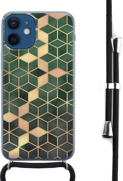 Hoesje met koord - Geschikt voor iPhone 12 Mini - Groen kubus - Verstelbaar zwart koord - Transparant, Groen - Print / Illustratie - Leuke Telefoonhoesjes