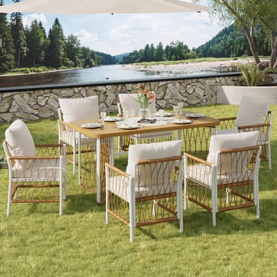 MODFU - Tuinmeubelset - 1 Tafel En 6 Stoelen - Met Kussens - Voor Terras - Metaal En Polyester - Beige Bruin Naturel