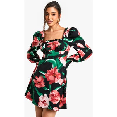 boohoo Dames Bloemige Corset Melkmeisje Mini Jurk | Zwart | Maat: 36