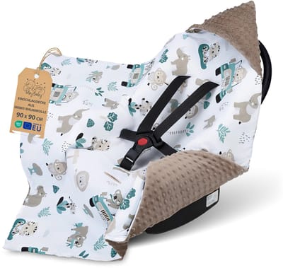 Inbakerdeken voor autostoel en kinderwagen – zachte Minky babydeken dubbelzijdig met capuchon voor pasgeborenen – Winter bruikbaar onderweg en thuis 90×90 cm Afrika bruin Oeko-Tex