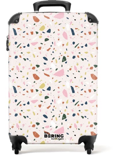 NoBoringSuitcases.com - Koffer - Terrazzo patroon kleurrijk licht roze - Past binnen 55x40x20 cm en 55x35x25 cm - Trolley handbagage - Valiezen met wieltjes volwassenen - Reiskoffer op wielen - Rolkoffer lichtgewicht