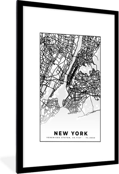 Fotolijst incl. Poster Zwart Wit- New York - Stadskaart - Zwart Wit - Plattegrond - Kaart - 60x90 cm - Posterlijst