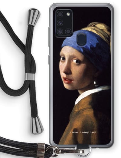 Case Company® - Hoesje met koord geschikt voor Samsung Galaxy A21s hoesje met Koord - The Pearl Earring - Telefoonhoesje met Zwart Koord - Bescherming aan alle Kanten en Over de Schermrand