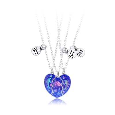 Bixorp Friends BFF Ketting voor 3 met Dolfijnen Hartje - Donkerblauw & Zilverkleurig met Glitters - Vriendschapsketting voor Best Friends