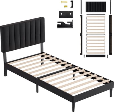 KUTAS heavy duty metalen bedframe - Gestoffeerd bedframe - 90x200 CM - Zwart - Bedplaats Met Plat Noedelsframe en Verstelbaar Hoofdbord - Draagkracht 480 kg