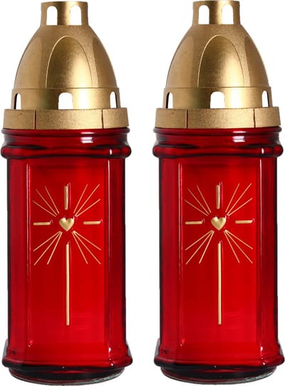Grafkaars/gedenklicht met deksel - 2x stuks - rood - 8 x 22 cm - 3 dagen brandtijd - Graflichten/herdenkingslichten