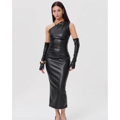 Schuine leren jurk voor dames, nauwsluitend met plooien op de borst, sexy heupomsluitende rok L