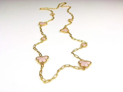 lange zilveren halsketting collier halssnoer geelgoud verguld Model Vlinder en Bol met roze stenen