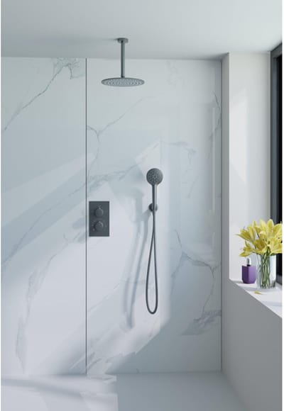 FugaFlow Eccelente Acces Inbouw Regendoucheset - thermostatisch - plafondarm - 25cm hoofddouche - ronde handdouche - gladde doucheslang - Geborsteld Gunmetal PVD