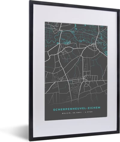 Fotolijst incl. Poster - België – Scherpenheuvel Zichem – Stadskaart – Kaart – Blauw – Plattegrond - 30x40 cm - Posterlijst