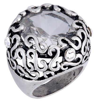 Behave - Ring - Zilverkleurige statement ring met grote ronde bruin-grijs taupe facetgeslepen glassteen – Nikkelvrij - 16mm
