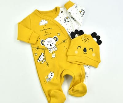 Baby Babykleding Babykleertjes Rompers & Boxpakken Boxpakjes Babykleding Jongens - 2 delig - Boxpakje - Jumpsuit Baby - hardal - koala - Met drukknoopjes - Maat 56