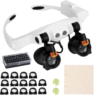 Hands-Free Headband Magnifying Glasses with Light and Interchangeable Lenses - 2 LED Lights - 3x 4x 5x 6x 7x 10x 15x - Ideal for Hobbies, Reading, Electricians, and Jewellers