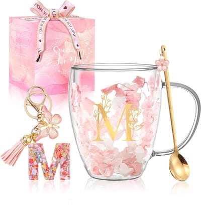 Dailygoods- Koffiemok Dubbelwandig - Borosilicaatglas - Hittebestendig - Isolatiebeker - Gedroogde Bloemen - Personaliseerbaar - Glazen Mok
