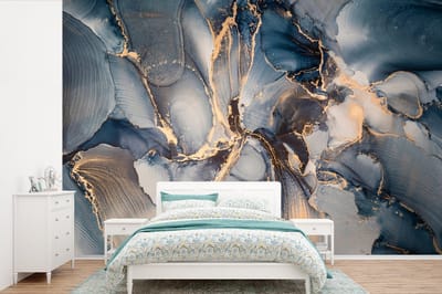 Behang - Fotobehang Marmer - Grijs - Blauw - Luxe - Goud - Breedte 600 cm x hoogte 400 cm