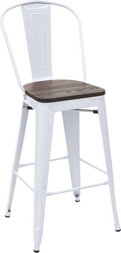 Barkruk MCW-A73 incl. houten zitting, barkruk met rugleuning, metalen industrieel ontwerp ~ wit