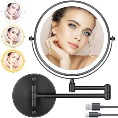 Dubbelzijdige oplaadbare make-upspiegel met vergroting en dimbare verlichting - 20,3 cm zwart