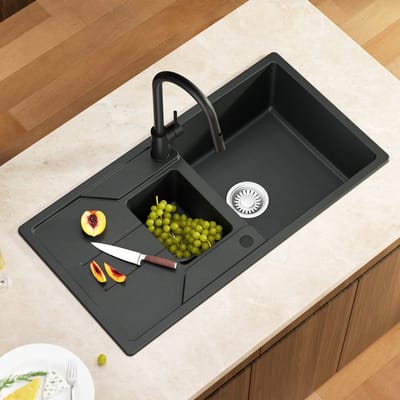 CECIPA max Spoelbak Met Kraangat - Granieten Keuken 86x45CM - 1.5 Spoelbak Keuken - Met Afdruiprek en Waterafvoersysteem - 80% Kwarts Zand Spoelbak Keuken - Zwart