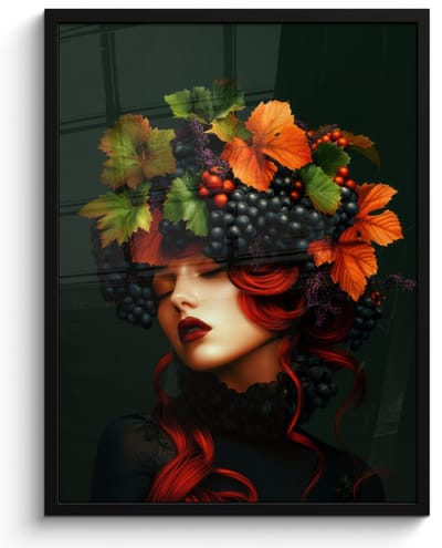 Poster in lijst - Fotolijst 50x70 cm - Posters - Vrouw - Rood - Groen - Druiven - Posterlijst zwart - Decoratie - Wanddecoratie woonkamer - Muurdecoratie slaapkamer