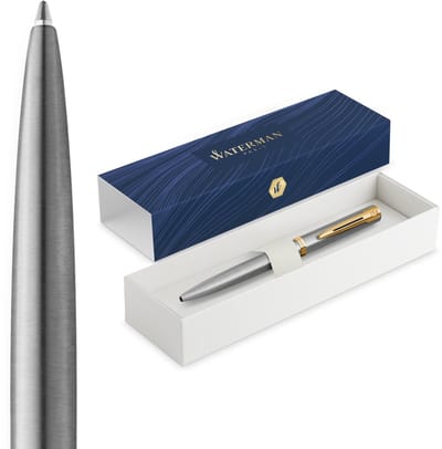 Waterman Impression Balpen | Medium Punt met Blauwe Inktvulling | Roestvrij Staal met Goudkleurige Afwerking | Geschenkdoos