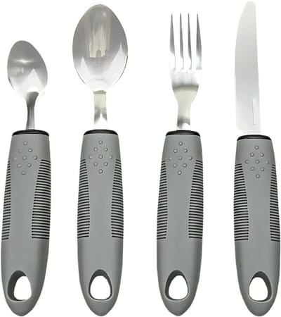 JustValue Bestekset – 4-delige Set – Kinderbestek – Ergonomisch Bestek – Grip Bestek – Verdikt Handvat – Zachte Handgrepen – Reisbestek – Grijs