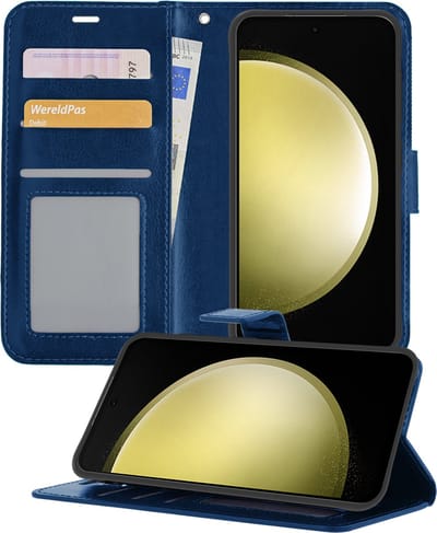 Hoesje - Met Pasjeshouder - Geschikt voor Samsung Galaxy S23 FE - Luxe Bookcase Portemonee - Flip Case - Kunstleer Book Case - Flipcase - Book Cover - Walletcase - Portemonneehoes - Telefoonhoesjes - Donkerblauw