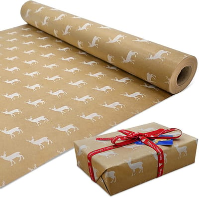 Inpakpapier, 43 cm x 15 M Grote Roll Gift Inpakpapier Rekupereerbaar Kraftpapier Gedrukt met eland voor kerstcadeau Wrapping Party Decoration