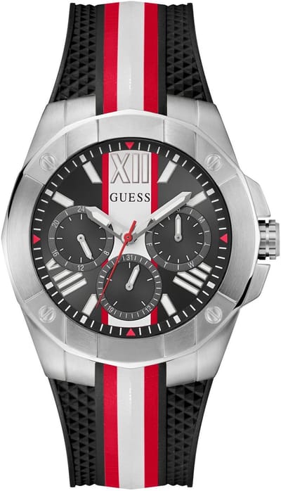 Guess Vette Quartz Analoog Horloge Zwart Kast Gemaakt Van 100% Roestvrij Staal En Een Armband Van 100% Siliconen 44 GW0716G1