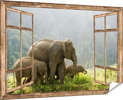 Gards Tuinposter Doorkijk Olifanten Familie in de Jungle - Olifant - 180x120 cm - Tuindoek - Tuindecoratie - Wanddecoratie buiten - Tuinschilderij