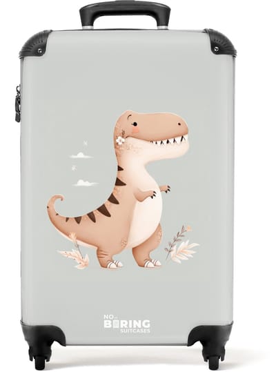 NoBoringSuitcases.com® - Kinderkoffer jongen - Kindertrolley jongens - Dino in beige en grijze kleuren - Handbagage koffer lichtgewicht - Reiskoffer trolley kinderen - Rolkoffer met wieltjes - Past binnen 55x40x20 en 55x35x25