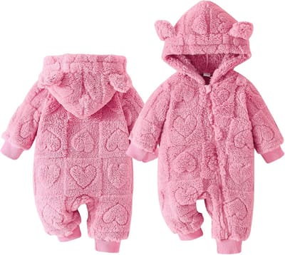 Warme Fleece Romper met Capuchon en Berenoren voor Baby's (0-18 Maanden)
