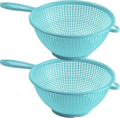 Plasticforte Keuken vergiet/zeef met handvat - 2x - kunststof - Dia 22 cm x Hoogte 10 cm - blauw