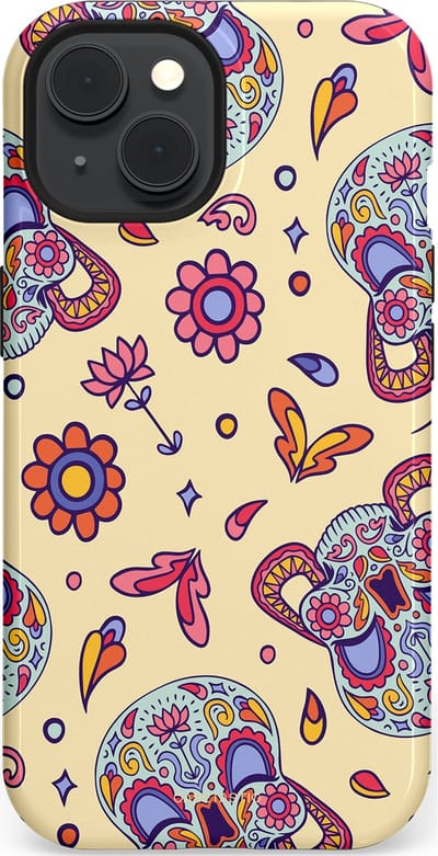 Casetastic hoesje geschikt voor Apple iPhone 15 - MagSafe - Dubbellaagse bescherming - Dia de los Muertos Doodshoofd Bloemen - Fashion Case - Crème Lila Zilver