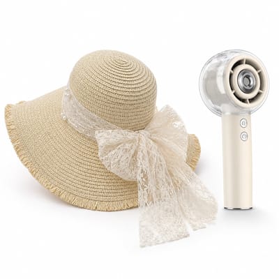VHV - Zonnehoed en Ventilator Set - dames beige strandhoed met strik - Aparte handventilator met mistfunctie - Voor strand, reizen, wandelen