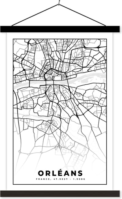 Posterhanger incl. Poster 40x60 cm - Schoolplaat - Frankrijk - Kaart - Orléans - Plattegrond - Stadskaart - Zwart wit - Textielposter - Zwarte latten - Stadskaart