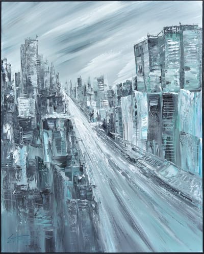 Fine Asianliving Olieverf Schilderij 100% Handgeschilderd 3D met Reliëf Effect en Zwarte Omlijsting 120x150cm Stad Blauw