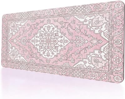 Grote gaming muismat met antislip basis, roze bureauonderlegger voor toetsenbord en muis, geometrisch vintage design, 800 x 400 mm, ideaal voor gamers en kantoorgebruik