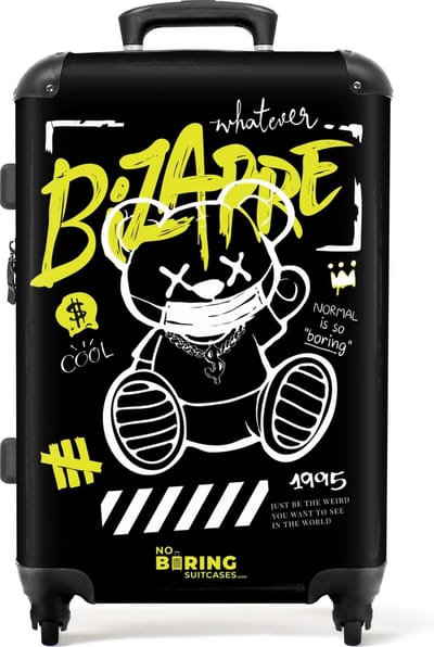 NoBoringSuitcases.com® - Koffer groot - Rolkoffer lichtgewicht - Cartoon beer met masker als graffiti kunstwerk - Reiskoffer met 4 wielen - Grote trolley XL - 20 kg bagage
