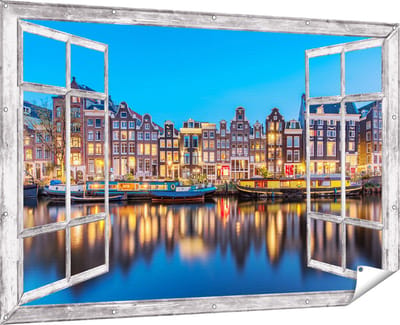 Gards Tuinposter Doorkijk Amsterdamse Huisjes in de Avond met Lichten - 180x120 cm - Tuindoek - Tuindecoratie - Wanddecoratie buiten - Tuinschilderij