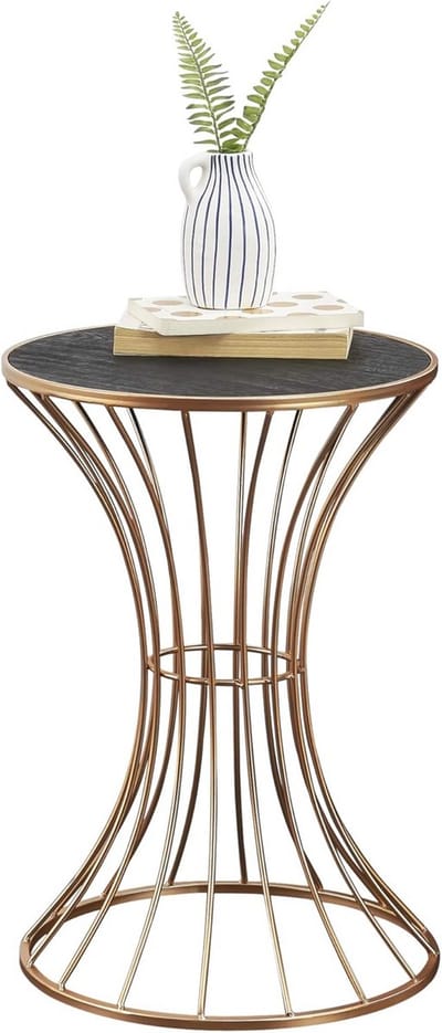 Ronde Salontafel Zandloper Koperkleurig Metaal Zwart Houtlook Ø37,5 cm