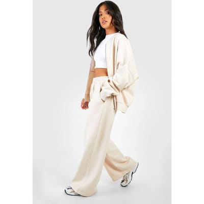 boohoo Dames Petite Zip Through Bomber Trainingspak met Rechte Pijpen | Steen | Maat: Small