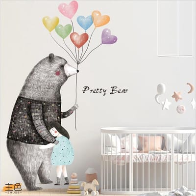 Muursticker | Beer met meisje | Ballonen | Wanddecoratie | Muurdecoratie | Slaapkamer | Kinderkamer | Babykamer | Jongen | Meisje | Decoratie Sticker |