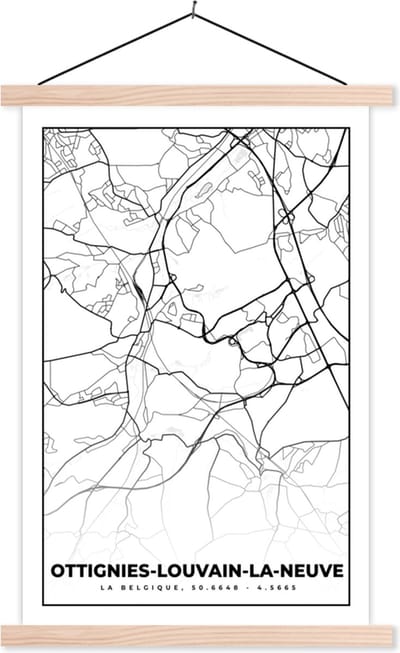 Posterhanger incl. Poster 40x60 cm - Schoolplaat - België – Ottignies Louvain la Neuve – Stadskaart – Kaart – Zwart Wit – Plattegrond - Textielposter - Blanke latten - Stadskaart