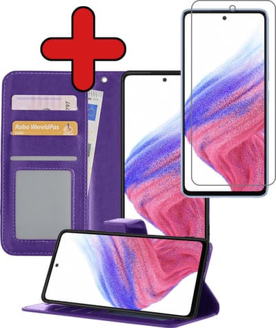 Hoesje - Met Screenprotector - Geschikt voor Samsung Galaxy A53 - Luxe Pasjeshouder - Flipcase - Bookcase Portemonee - Flip Case - Kunstleer Book Case - Book Cover - Walletcase - Portemonneehoes - Telefoonhoes - Paars
