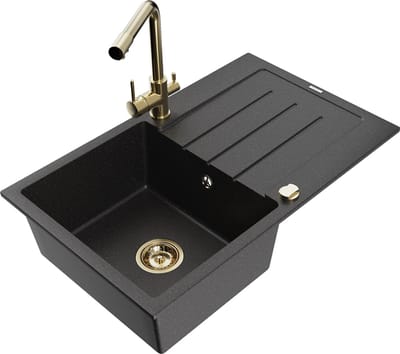 Mexen Bruno granieten spoelbak met 1 bak en afdruiprek en Duero keukenmengkraan, zwart/zilveren metallic - 6513-73-671600-50