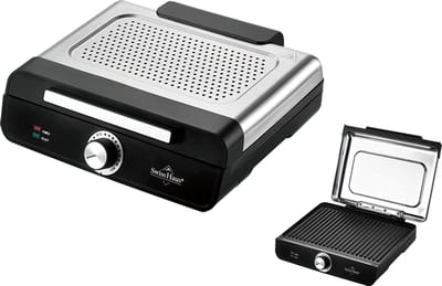 Swiss Haus® TG22 Rookvrije Elektrische Grillplaat 2200W – 36 x 26 cm - Tafelgrill - Indoor Contact Grill – Bakplaat - Gourmet - PFAS Vrij Antiaanbaklaag – Afneembaar Deksel – Met Temperatuurregelaar – RVS/Zwart