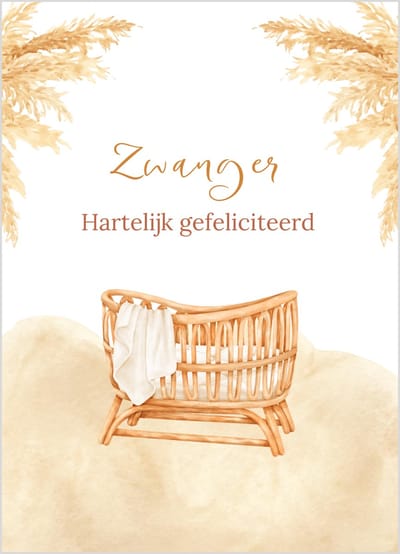 Wenskaart zwanger hartelijk gefeliciteerd met rotan wieg – 10x15 cm – zwangerschapskaart – 400 grams papier – inclusief kraft envelop
